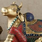 Brass Nandi Statue with Stonework | 15" x 21" x 11" | 22.5 kg | Intricate Stone Inlay | Traditional Hindu Temple Bull Sculpture | Sacred Art | Jaipurio